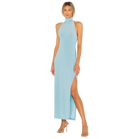 Norma Kamali Halter Turtle Side Slit Gown in Powder Blue X-Small Womens Dress - Picture 2 of 16